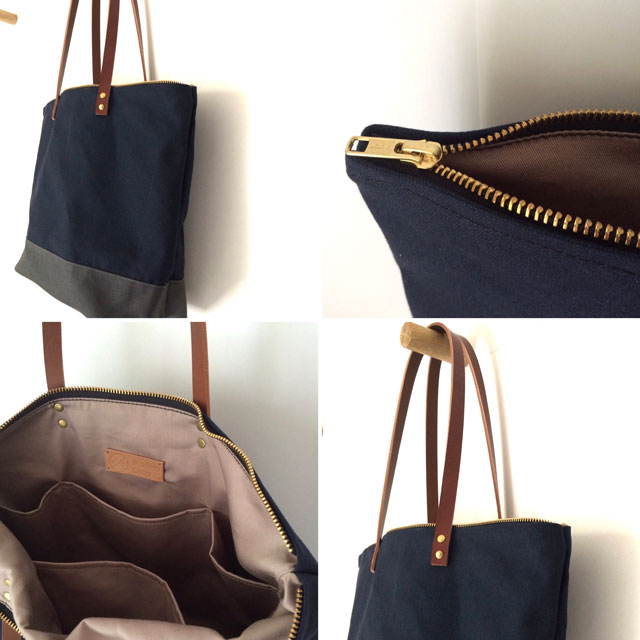 Custom Bag: Medium Zipper Tote | Waxed Canvas and Leather Bag | Midnight Blue with Charcoal Grey ...