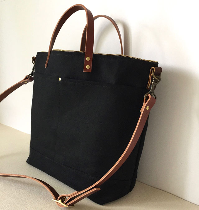 Custom Bag: Utility Tote | Waxed Canvas and Leather Bag| 2 Front Pockets | Black with Brown ...