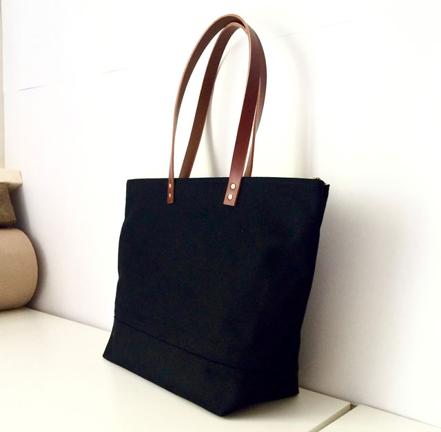Custom Bag: Large Zipper Tote | Waxed Canvas and Leather | Water Resistant | Black with Brown ...