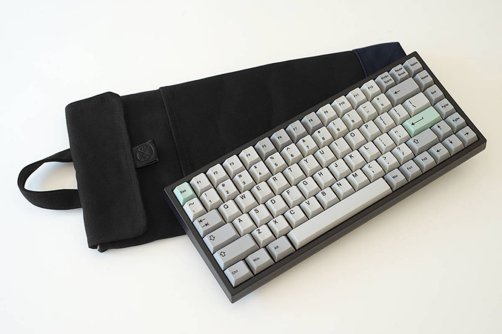 Custom color 75% Large mechanical keyboard sleeve with Black body, Midnight Blue bottom trim and Black leather pull for a Mode Sonnet, Zoom75, Jris75 or Keychron Q1 Pro