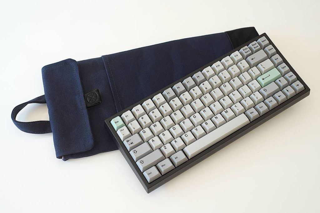 Custom color 75% Large mechanical keyboard sleeve with Midnight Blue body, Black bottom trim and Black leather pull for a Mode Sonnet, Zoom75, Jris75 or Keychron Q1 Pro